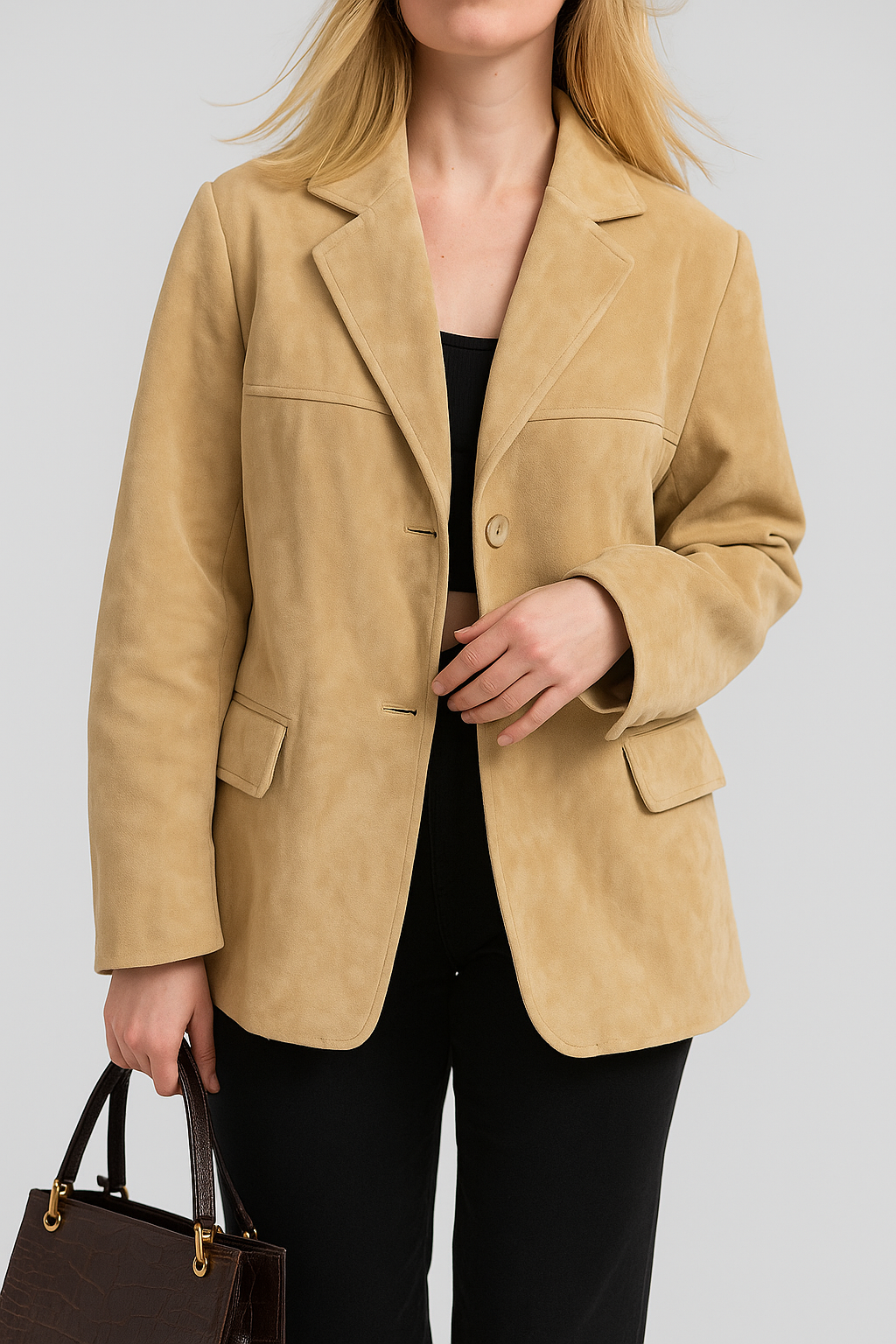 Women’s Suede Blazer Jacket – Oversized Vintage-Inspired Coat