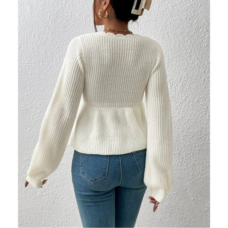 Women’s Scalloped Knit Top – Tie-Front Light Sweater with Balloon Sleeves