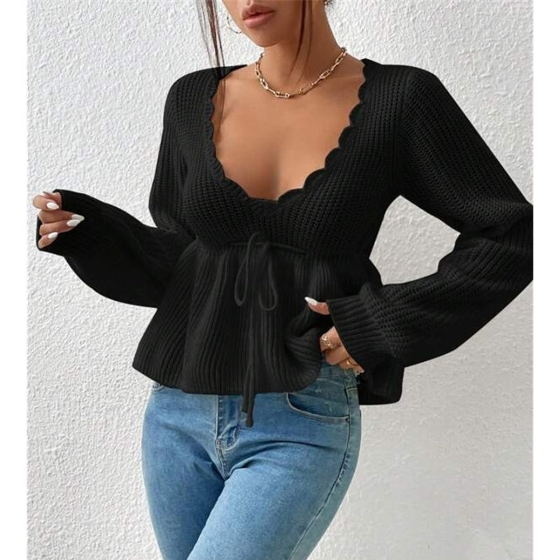Women’s Scalloped Knit Top – Tie-Front Light Sweater with Balloon Sleeves