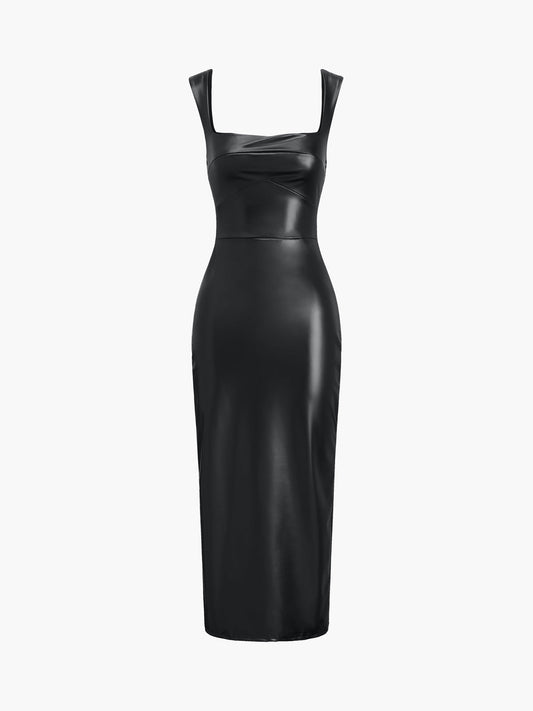 Black Faux Leather Midi Dress – Sleek Square Neck Bodycon Elegance