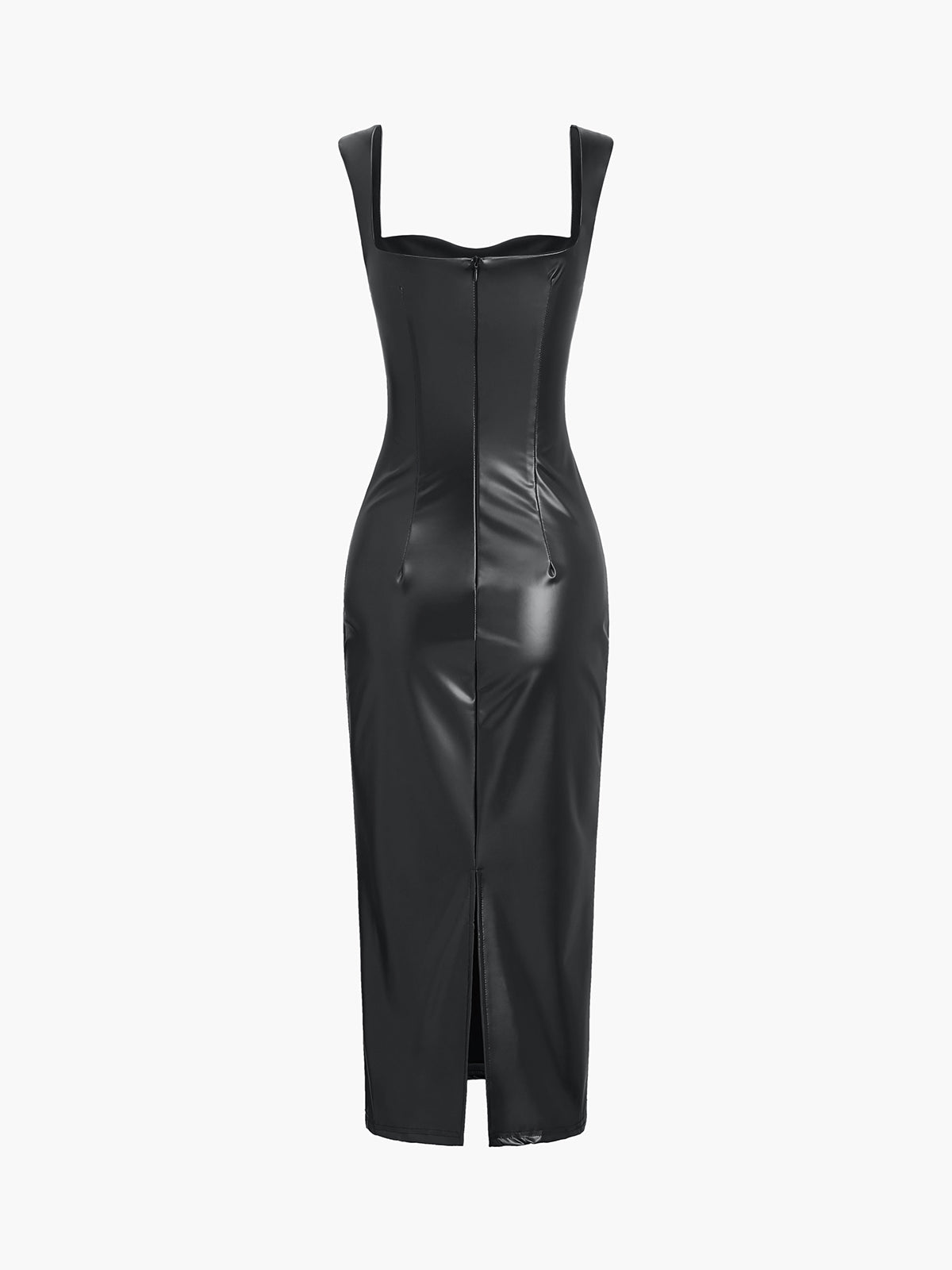Black Faux Leather Midi Dress – Sleek Square Neck Bodycon Elegance