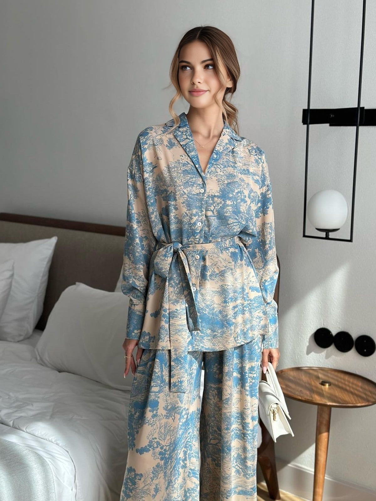 Women’s Printed Set – Tie-Front Top & Woven Fabric Pants | Two-Piece Summer Set, No Stretch