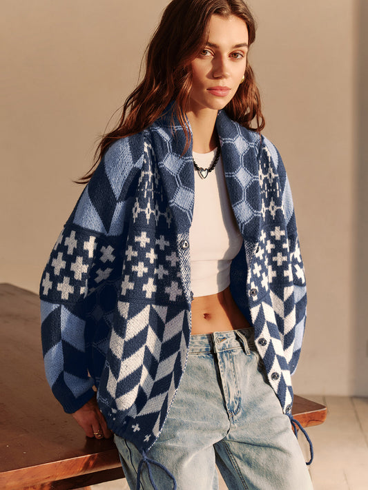 Boheme Printed Lapel Cardigan – Artistic Knit Layer with Medium Stretch