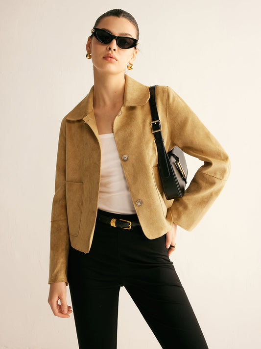 Plain Faux Leather Short Jacket – Timeless Buttoned Outerwear with Long Sleeves