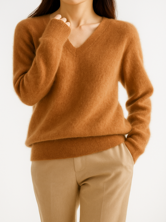Women's Brushed Wool V-Neck Sweater – Soft Lightweight Pullover for Everyday Comfort