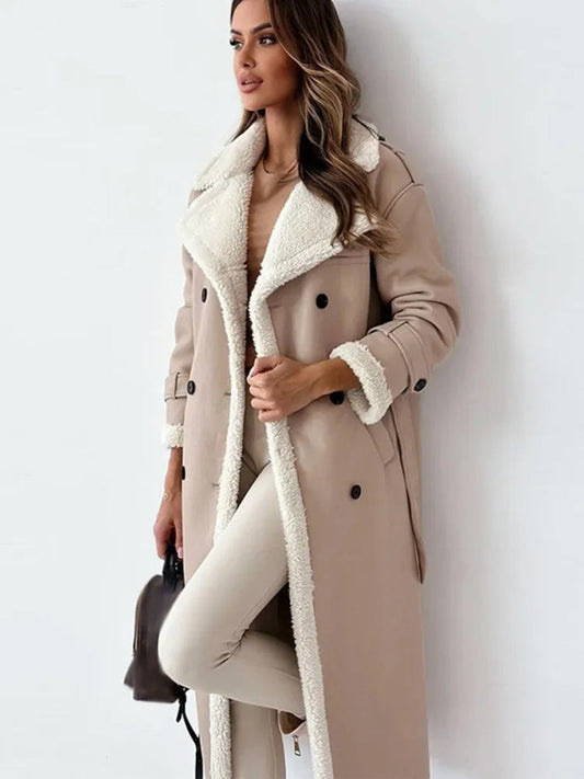 Women’s Shearling-Lined Faux Leather Coat – Long Warm Cold-Weather Jacket