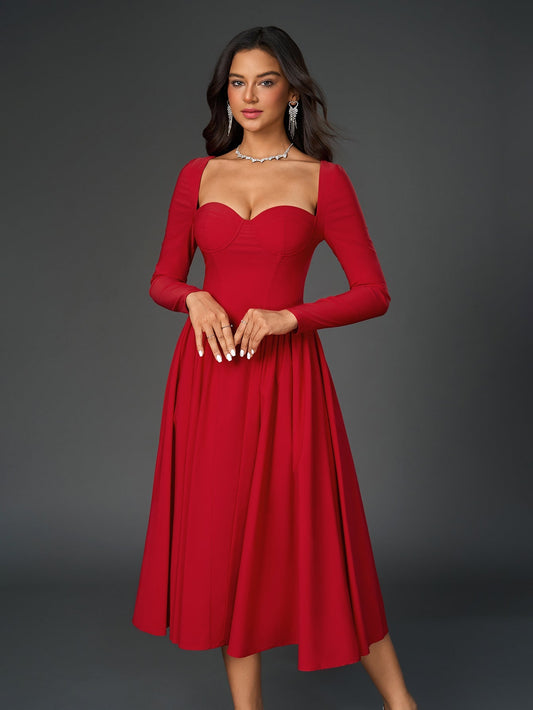 Long Sleeve Tie Back A-Line Dress – Refined Maxi with Sweetheart Neckline & Ruched Detail