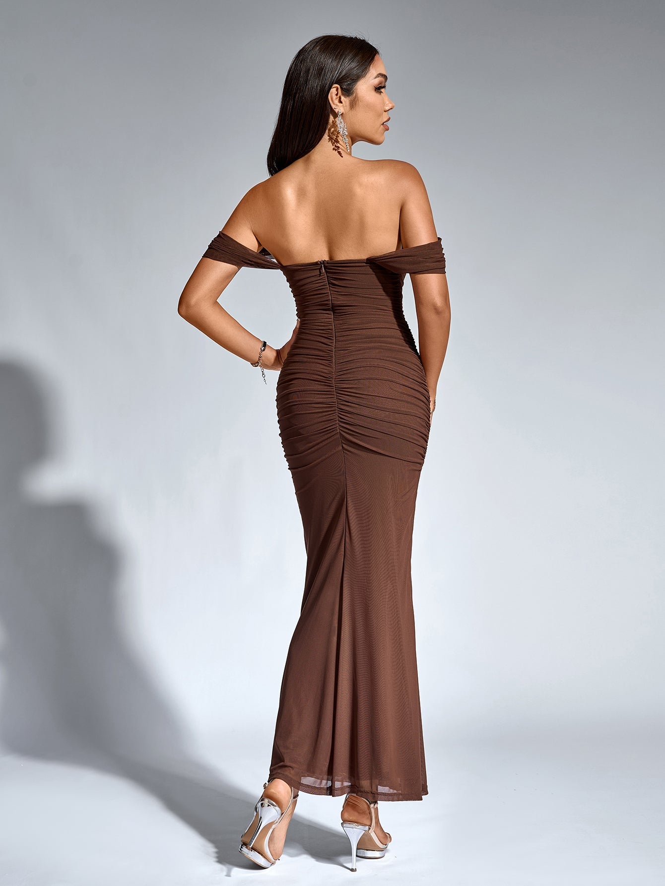 Off-Shoulder Bodycon Maxi Dress – Ruched & Mermaid Hem | Stretch Party Dress