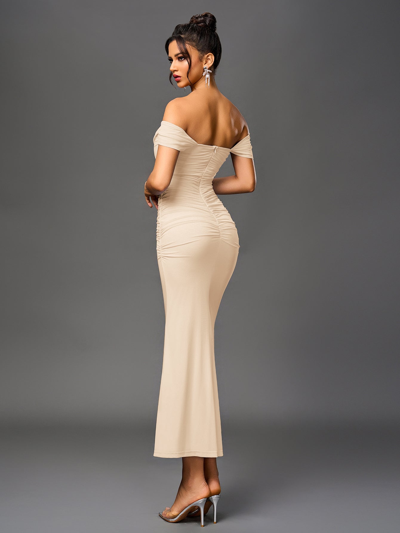 Off-Shoulder Bodycon Maxi Dress – Ruched & Mermaid Hem | Stretch Party Dress