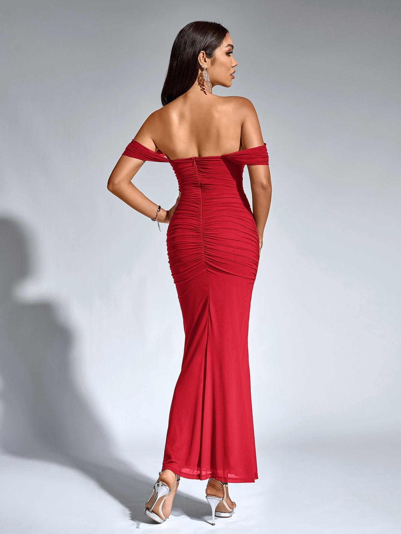 Off-Shoulder Bodycon Maxi Dress – Ruched & Mermaid Hem | Stretch Party Dress