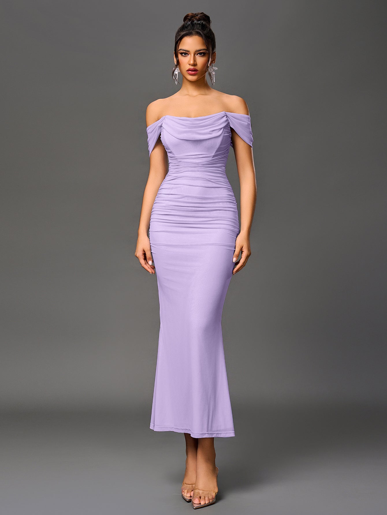 Off-Shoulder Bodycon Maxi Dress – Ruched & Mermaid Hem | Stretch Party Dress