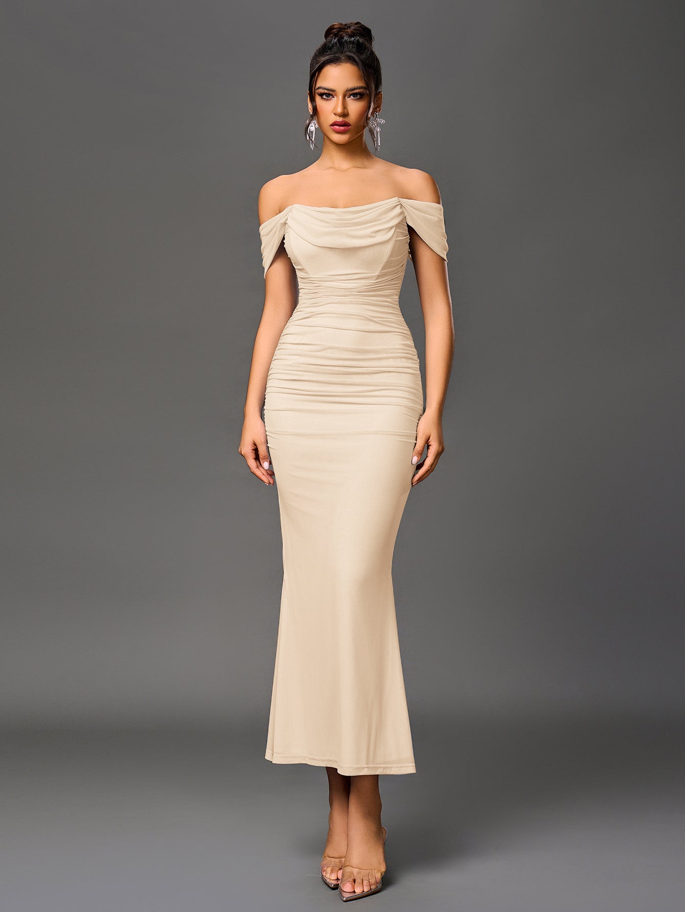 Off-Shoulder Bodycon Maxi Dress – Ruched & Mermaid Hem | Stretch Party Dress
