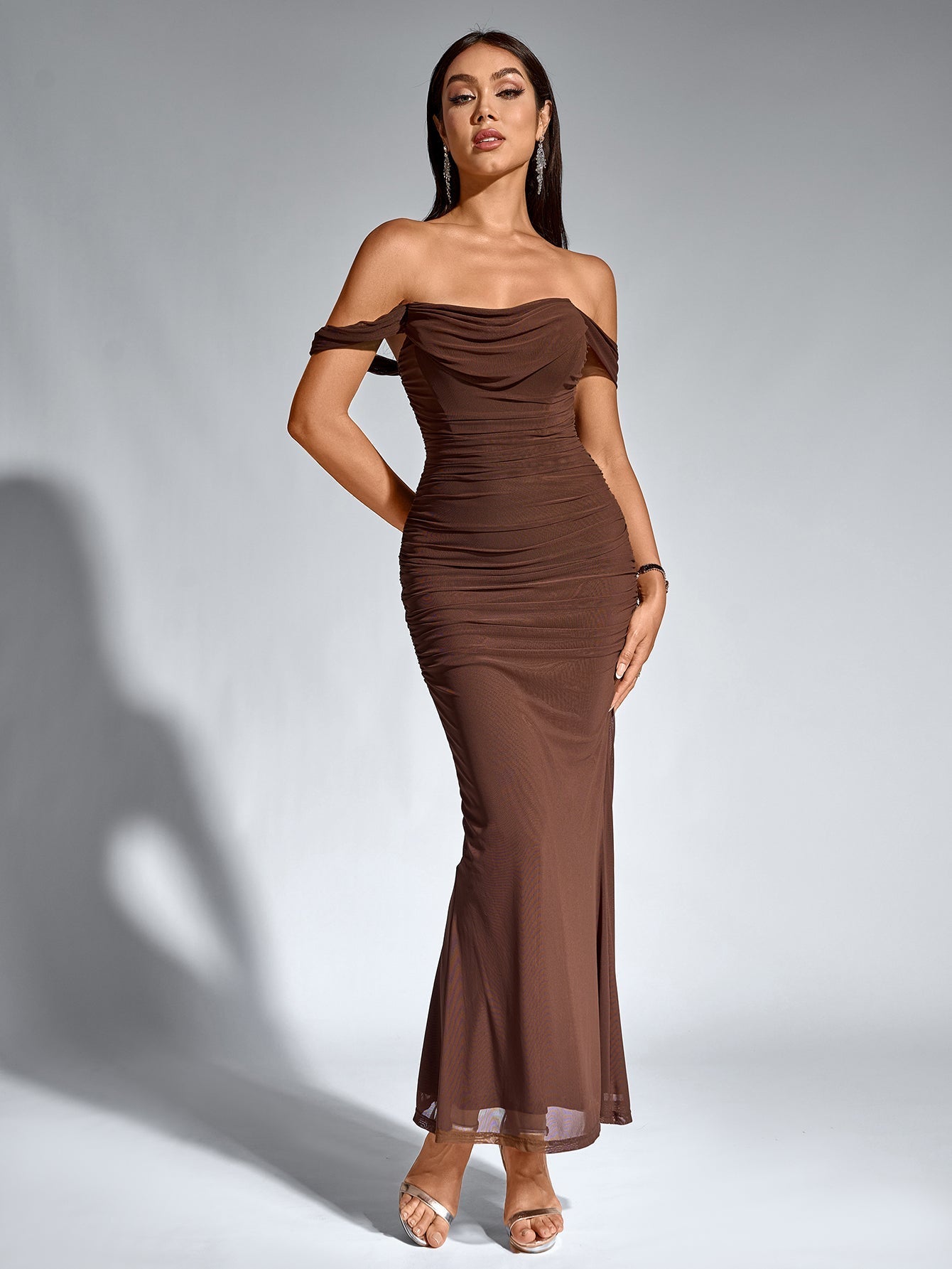 Off-Shoulder Bodycon Maxi Dress – Ruched & Mermaid Hem | Stretch Party Dress