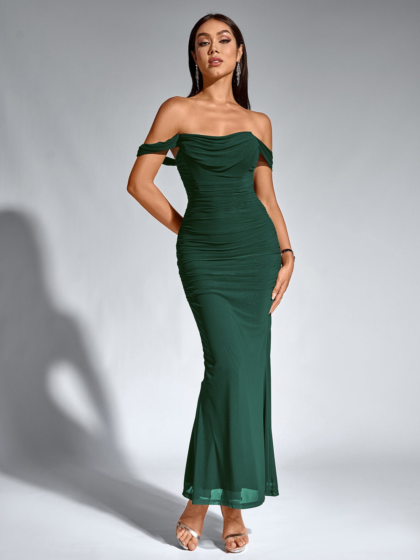 Off-Shoulder Bodycon Maxi Dress – Ruched & Mermaid Hem | Stretch Party Dress