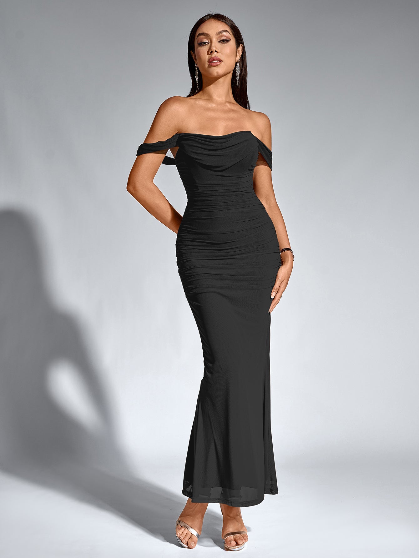 Off-Shoulder Bodycon Maxi Dress – Ruched & Mermaid Hem | Stretch Party Dress