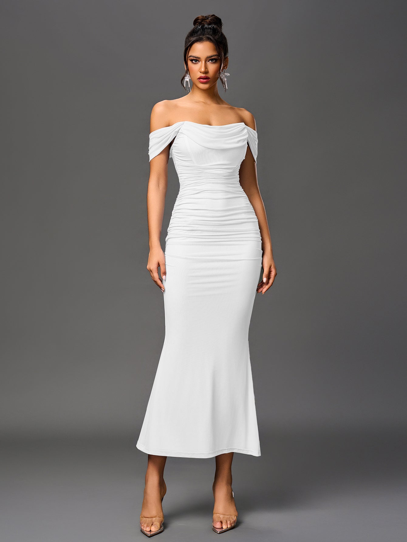 Off-Shoulder Bodycon Maxi Dress – Ruched & Mermaid Hem | Stretch Party Dress