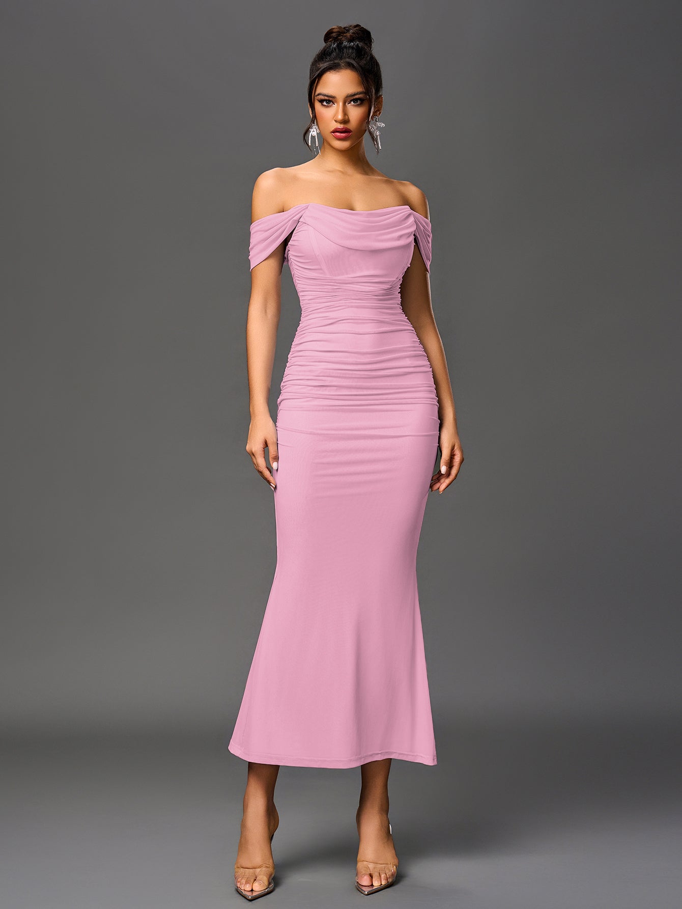 Off-Shoulder Bodycon Maxi Dress – Ruched & Mermaid Hem | Stretch Party Dress