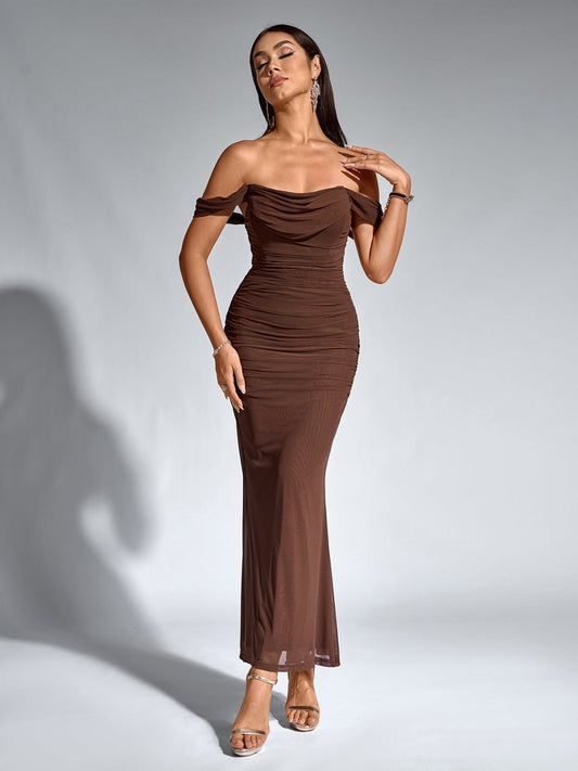 Off-Shoulder Bodycon Maxi Dress – Ruched & Mermaid Hem | Stretch Party Dress