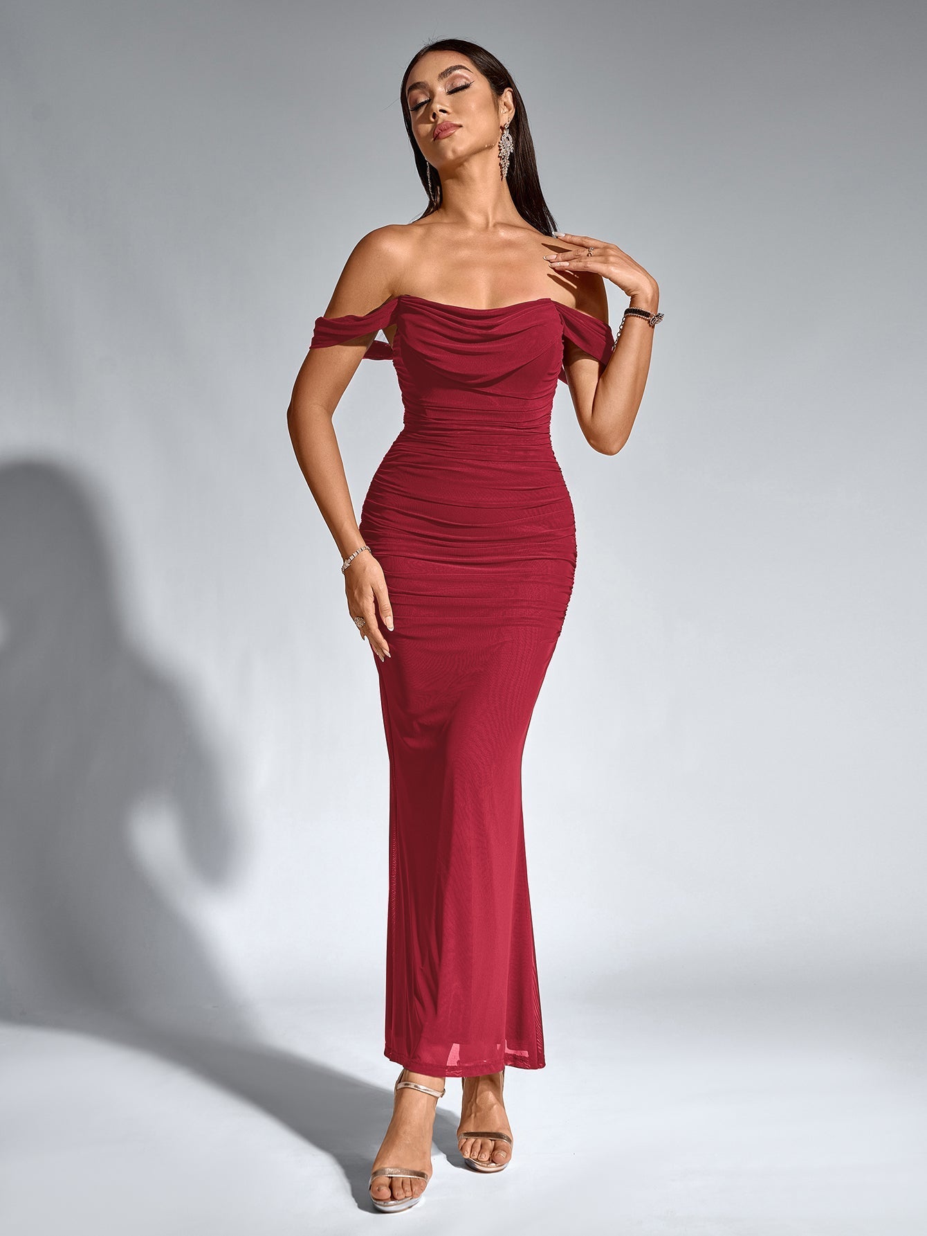 Off-Shoulder Bodycon Maxi Dress – Ruched & Mermaid Hem | Stretch Party Dress