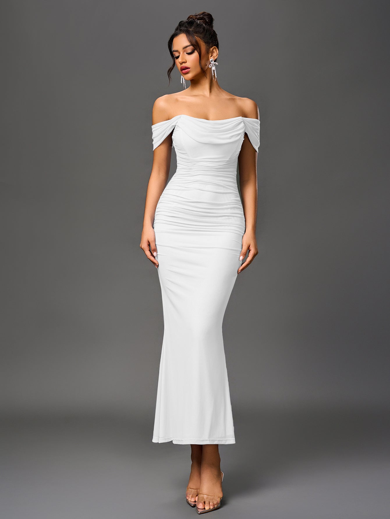Off-Shoulder Bodycon Maxi Dress – Ruched & Mermaid Hem | Stretch Party Dress