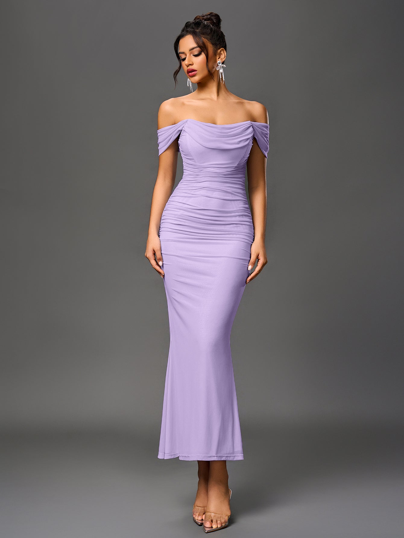 Off-Shoulder Bodycon Maxi Dress – Ruched & Mermaid Hem | Stretch Party Dress