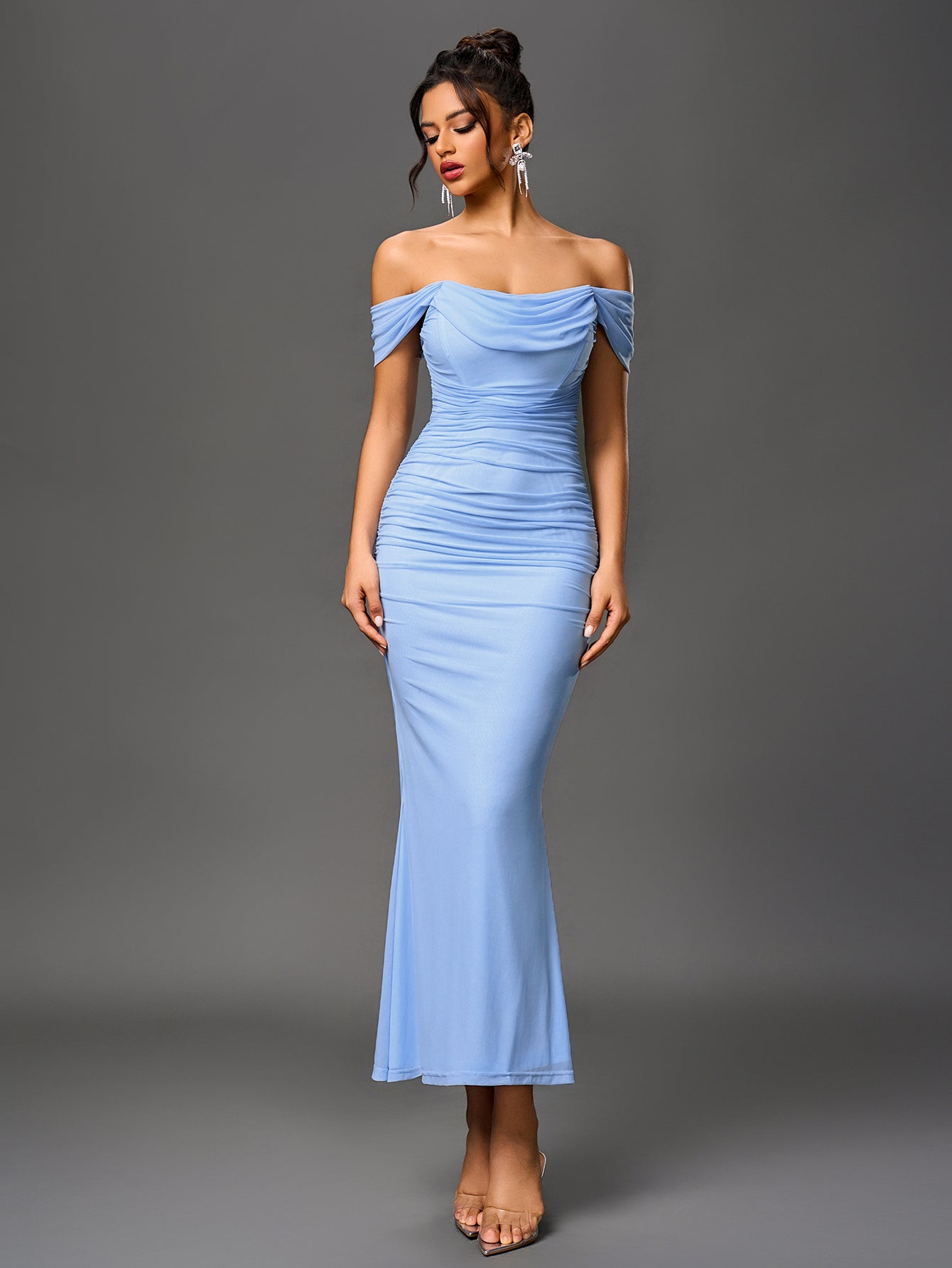 Off-Shoulder Bodycon Maxi Dress – Ruched & Mermaid Hem | Stretch Party Dress