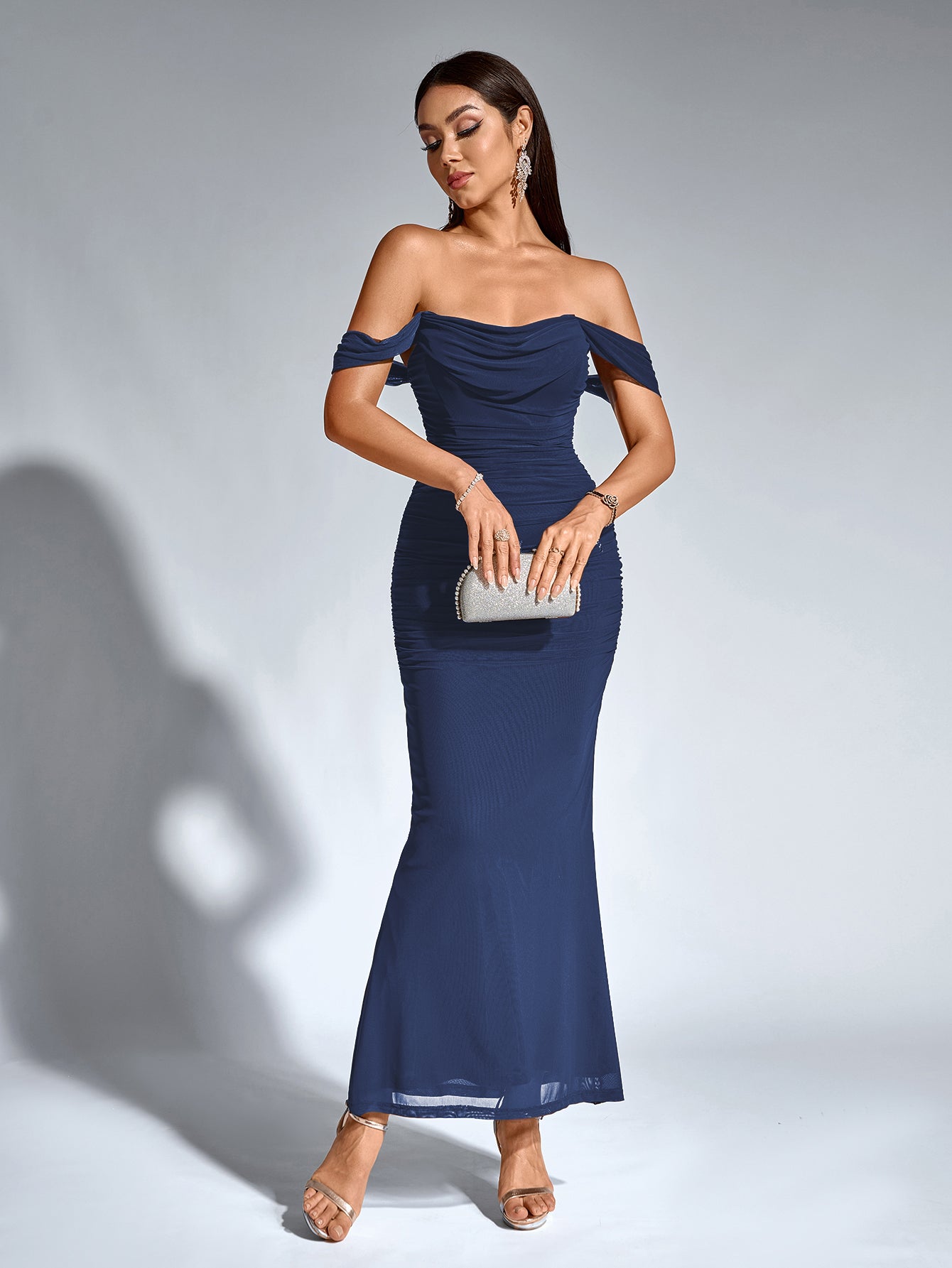 Off-Shoulder Bodycon Maxi Dress – Ruched & Mermaid Hem | Stretch Party Dress