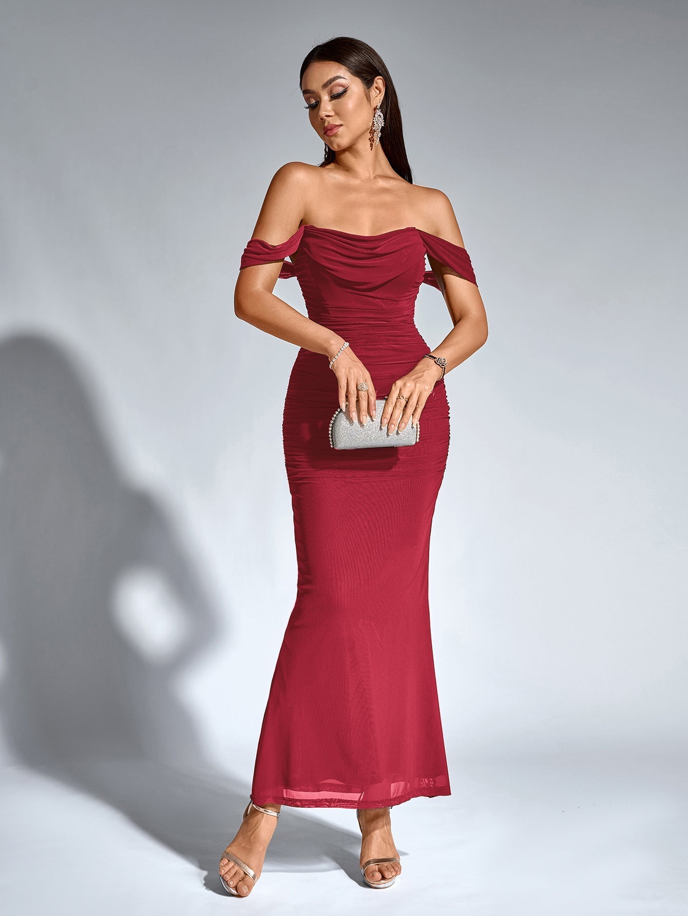 Off-Shoulder Bodycon Maxi Dress – Ruched & Mermaid Hem | Stretch Party Dress