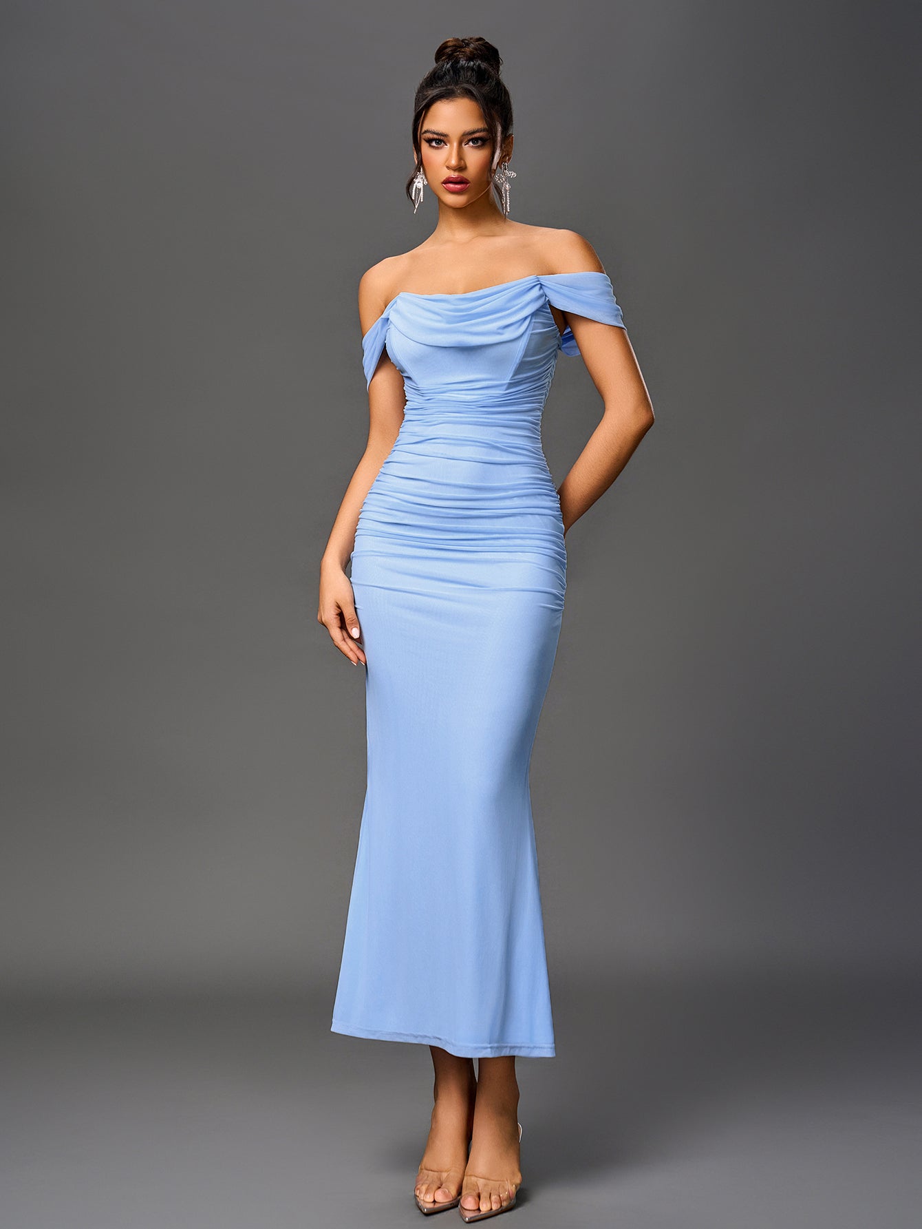Off-Shoulder Bodycon Maxi Dress – Ruched & Mermaid Hem | Stretch Party Dress