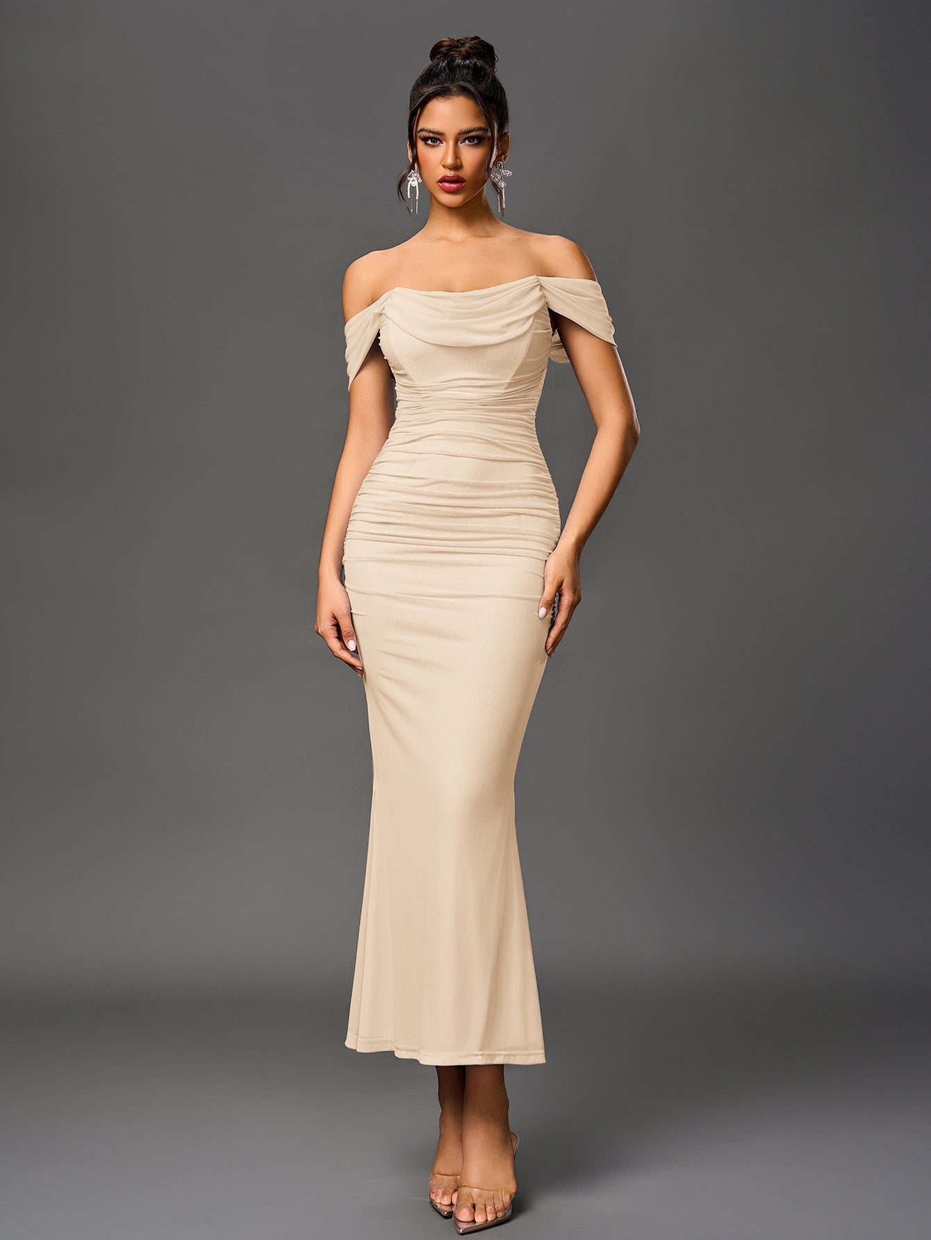 Off-Shoulder Bodycon Maxi Dress – Ruched & Mermaid Hem | Stretch Party Dress