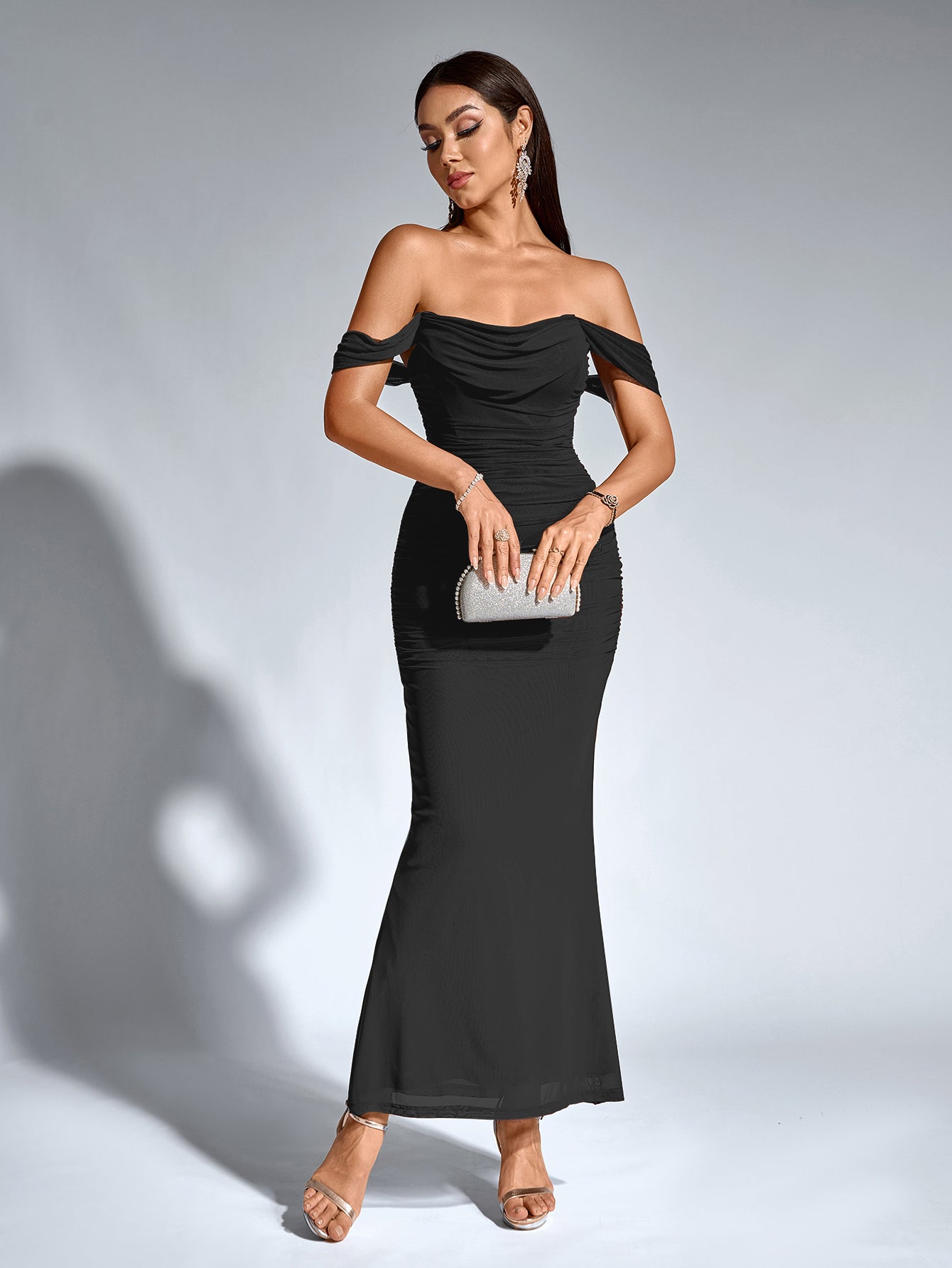 Off-Shoulder Bodycon Maxi Dress – Ruched & Mermaid Hem | Stretch Party Dress