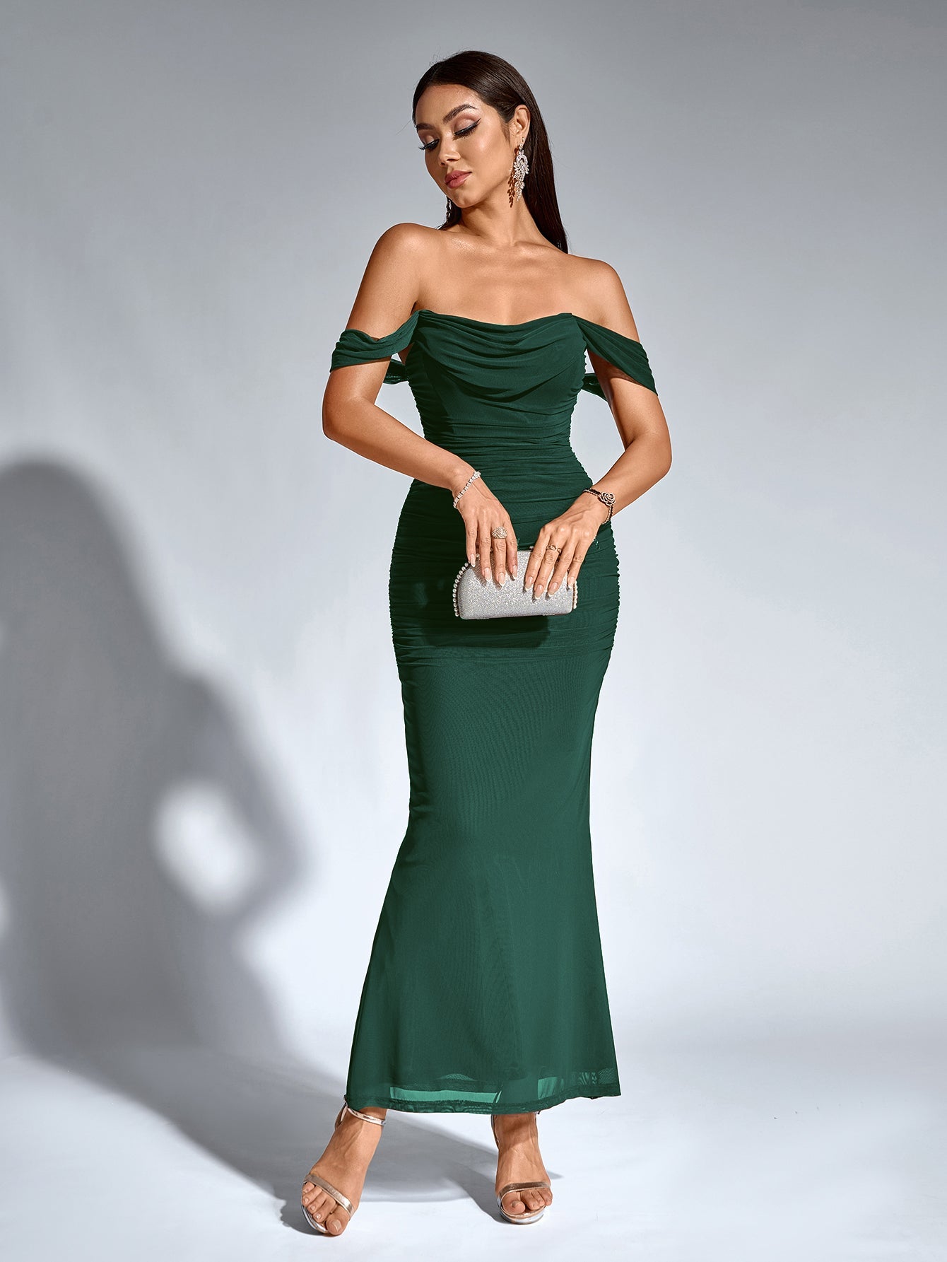 Off-Shoulder Bodycon Maxi Dress – Ruched & Mermaid Hem | Stretch Party Dress