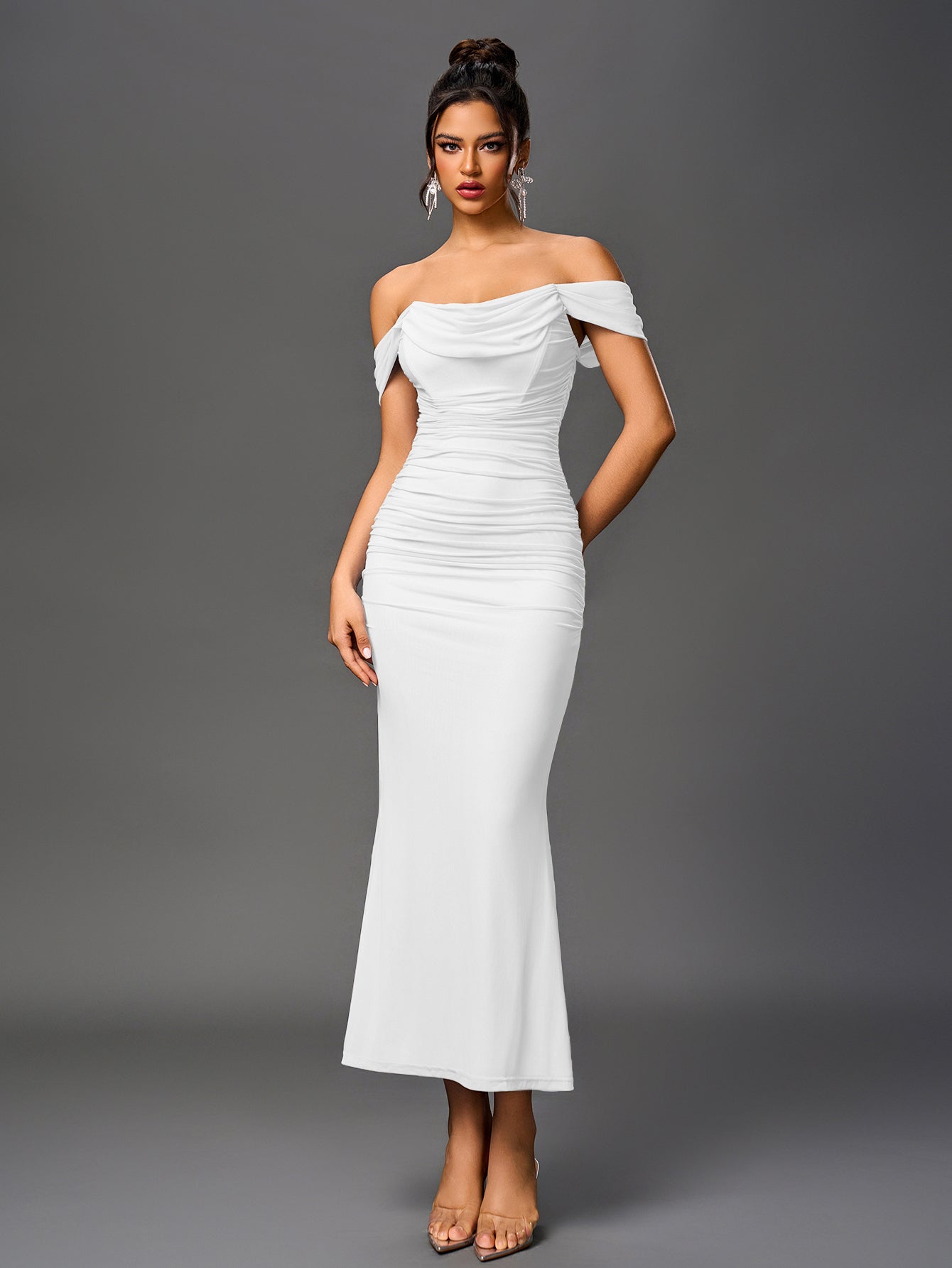 Off-Shoulder Bodycon Maxi Dress – Ruched & Mermaid Hem | Stretch Party Dress