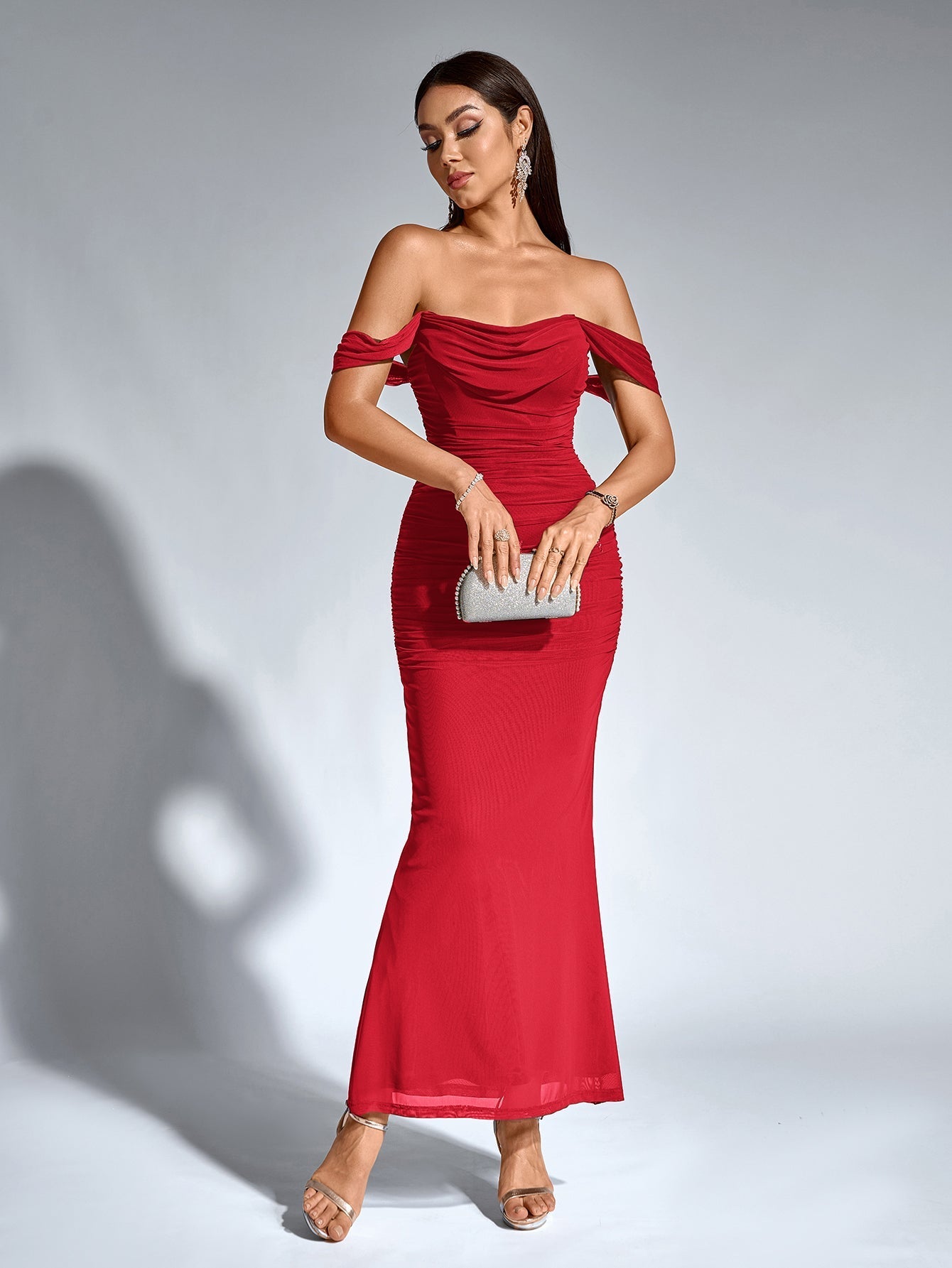 Off-Shoulder Bodycon Maxi Dress – Ruched & Mermaid Hem | Stretch Party Dress