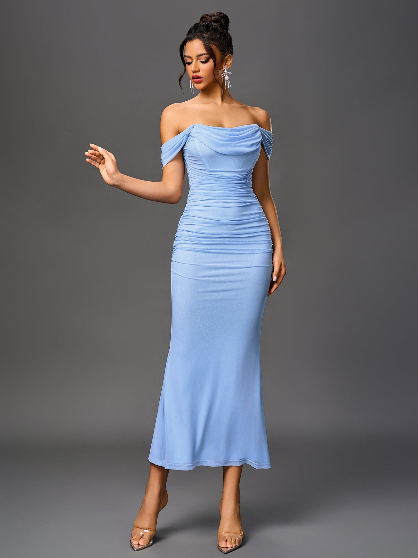 Off-Shoulder Bodycon Maxi Dress – Ruched & Mermaid Hem | Stretch Party Dress