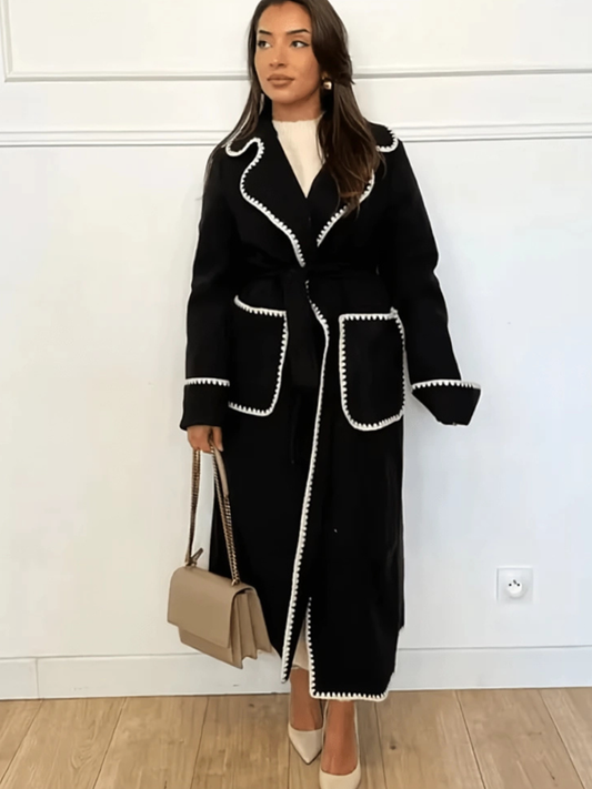 Tailored Long Coat – Black Belted Overcoat with White Trim Detailing