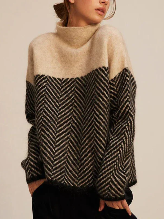 High Neck Knit Sweater – Beige & Black Herringbone Pattern Pullover