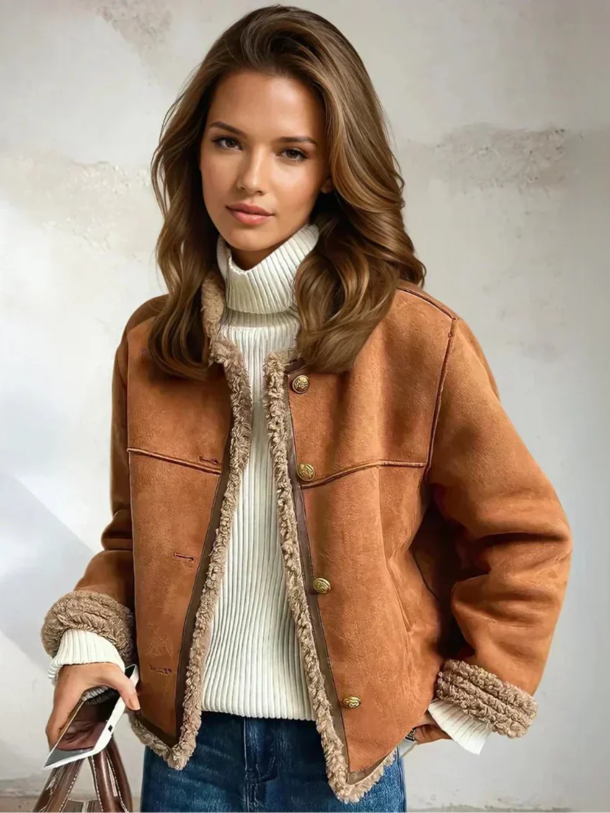 Terhild Faux Shearling Jacket – Camel Short Coat with Cozy Lining