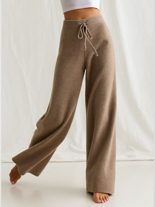 Cashmere-Look Knit Pants – Soft Wide-Leg Lounge Trousers in Taupe
