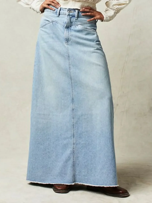 High Waist Denim Maxi Skirt – Vintage A-Line Jean Skirt for Effortless Style