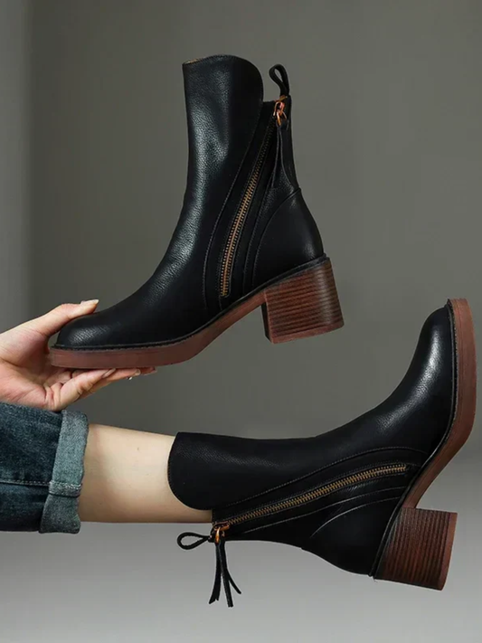 Women’s Vegan Leather Ankle Boots – Double Zip Block Heel Boots with Cushioned Insole