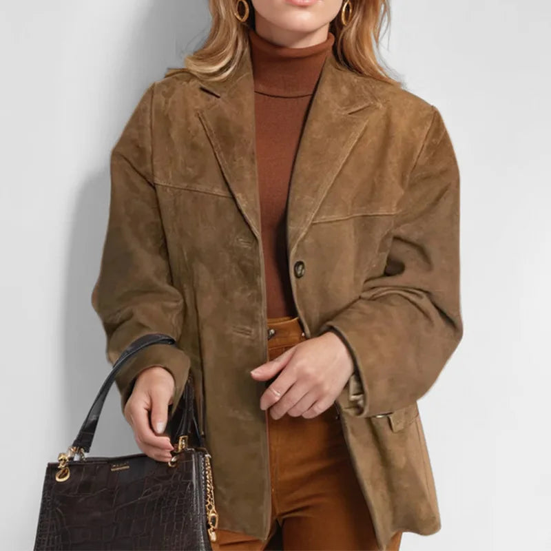 Women’s Suede Blazer Jacket – Oversized Vintage-Inspired Coat