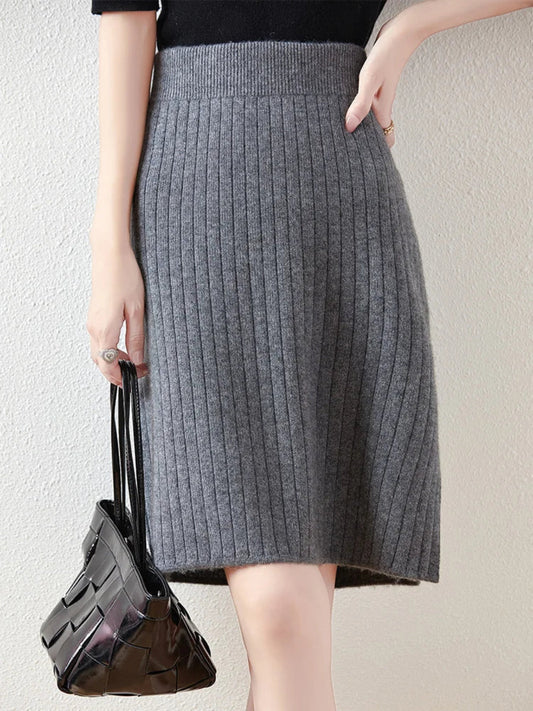Women’s Merino Wool Ribbed Midi Skirt – Soft Knit Cold-Weather Skirt