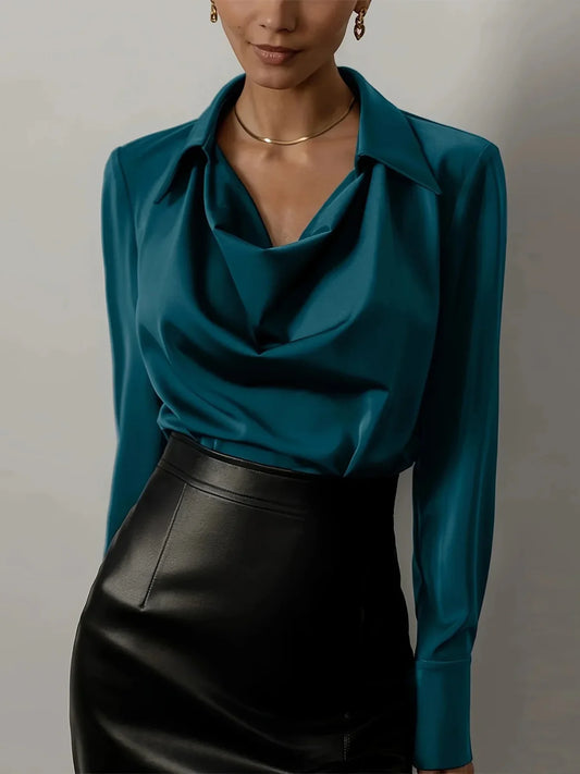 Satin Cowl Neck Blouse – Refined Draped Long Sleeve Top