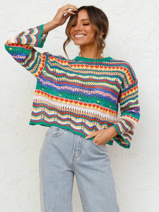 Colorful Loose Stitch Sweater for Women – Trendy Cropped Knit Top