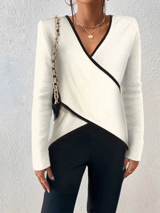Refined Wrap Jumper for Women – Flattering Contrast Trim Knit Top